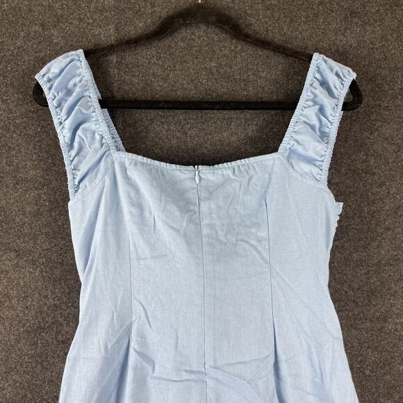 P Cill Linen Blend Mini Dress Womens Medium Blue Tie Front Ruffle Cut Out NEW - Picture 9 of 14